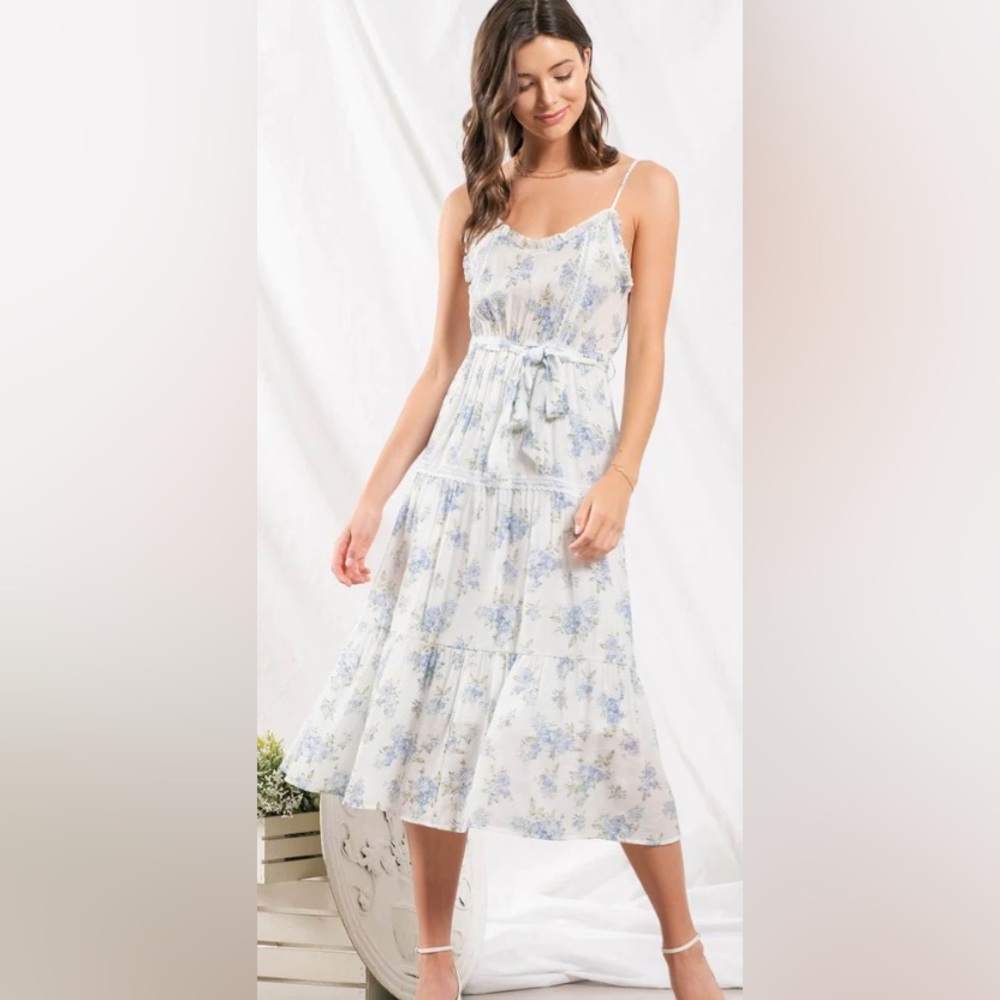 Summer Blues Floral Crochet Lace MIDI Dress Size Large NWOT